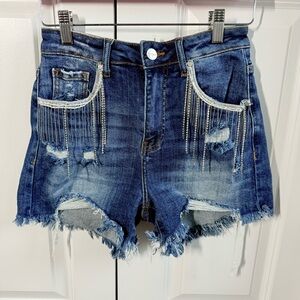 RISEN Rhinestone Fringe Distressed Denim Shorts - Small